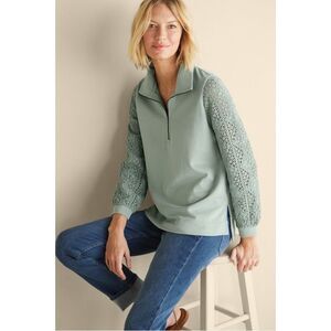 Soft Surroundings Mint Green Lace Sleeve Sweater